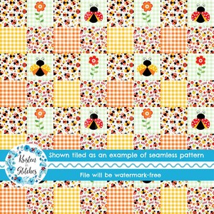 May include: A colorful patchwork pattern featuring ladybugs, flowers, and gingham squares in orange, yellow, and green. The design includes the text "LOVE BUG" and is shown as a seamless pattern. The text "File will be watermark-free" is also included.