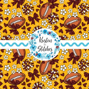 May include: A repeating pattern on a yellow background features brown footballs, bows, pom-poms, hearts, and white flowers. A circular logo with blue flowers and the text "Kristen in Stitches" is also present. A light blue wavy line is also present.