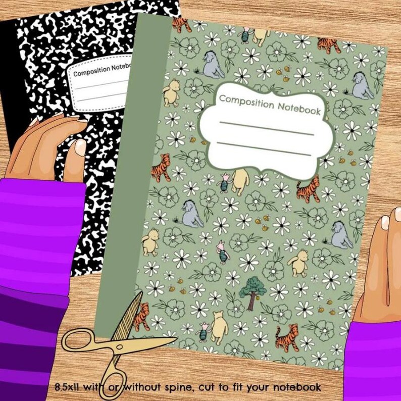May include: Two composition notebooks, one with a black and white speckled cover and the other with a green cover featuring a floral and animal pattern. The notebooks are on a wooden surface. The text "Composition Notebook" is visible on both.