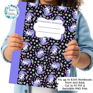 May include: A composition notebook with a black cover featuring a repeating pattern of axolotls in shades of purple and blue. The notebook has a light purple spine and the words "Composition Notebook" on the front.