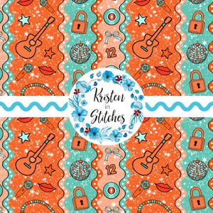 May include: A repeating pattern with a retro theme. The design features guitars, microphones, disco balls, stars, and locks in orange and teal. The text "Kristen in Stitches" is in a floral wreath. The number "12" and a bow are also included.