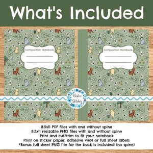 May include: Two composition notebooks with a green floral pattern featuring tigers, elephants, and bears. The notebooks have a white label that says "Composition Notebook". The text "What's Included" is at the top.