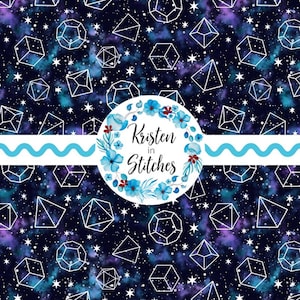 May include: A seamless pattern featuring geometric shapes and stars against a dark blue and purple galaxy background. A circular logo with the text "Kristen in Stitches" is surrounded by blue floral elements. A light blue wavy line is also present.