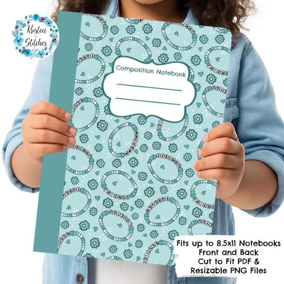 Printable Composition Notebook Cover, Back to School, Cut To Fit Any Size Book, Resizable PNG, PDF Download, Blue Friendship Bracelets
