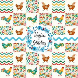 May include: A fabric pattern featuring a grid of alternating squares with brown chickens, colorful roosters, and floral prints, interspersed with wavy lines. A central blue floral wreath contains the text Kristen in Stitches.