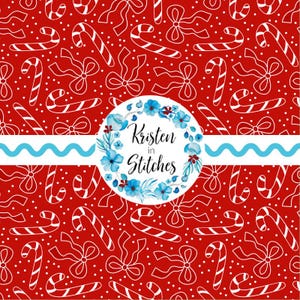 May include: Red Christmas-themed pattern with white candy canes, bows, and polka dots. A blue wavy line and a floral wreath with the text "Kristen in Stitches" are also featured in the design. This festive pattern is perfect for holiday crafts.