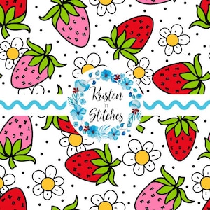 May include: A repeating pattern on a white background featuring red and pink strawberries, white daisies, and black polka dots. The strawberries have green leaves and the text "F*CK TRUMP". The image also includes the text "Kristen in Stitches".