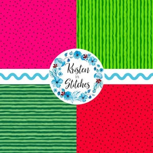 May include: A vibrant image featuring four distinct patterns: two watermelon-themed designs with pink and red backgrounds, and two green striped patterns. A circular logo with blue floral accents and the text "Kristen in Stitches" is centered.