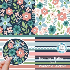 May include: A collection of floral patterns and a sticker design. The patterns display pink, blue, and teal flowers with green leaves on navy and white backgrounds. The sticker has a floral design and the text "Seamless Patterns and Printable Stickers".
