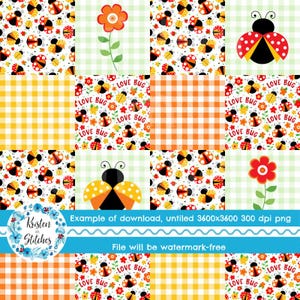 May include: A patchwork design featuring ladybugs, flowers, and gingham patterns in orange, yellow, and green. The ladybugs have red and black spots. The text "LOVE BUG" is repeated throughout the design. The image includes the text "Example of download, untitled 3600x3600 300 dpi png" and "File will be watermark-free".