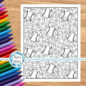Softball or Baseball Team Coloring Page, Printable 8.5x11 PDF PNG, Digital Download, Paper Crafts, Game Day Activity, Coquette Bows Flowers