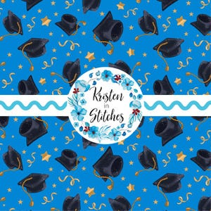 May include: A blue background with a repeating pattern of black graduation caps, gold stars, and gold streamers. A circular logo with the text "Kristen in Stitches" is in the center, surrounded by blue floral elements.