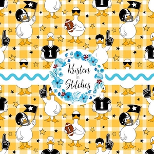 May include: A repeating pattern featuring cartoon ducks in football gear and sunglasses on a yellow plaid background with stars. Some ducks hold footballs, flags, or are wearing jerseys. The text "Kristen in Stitches" is in a floral wreath.