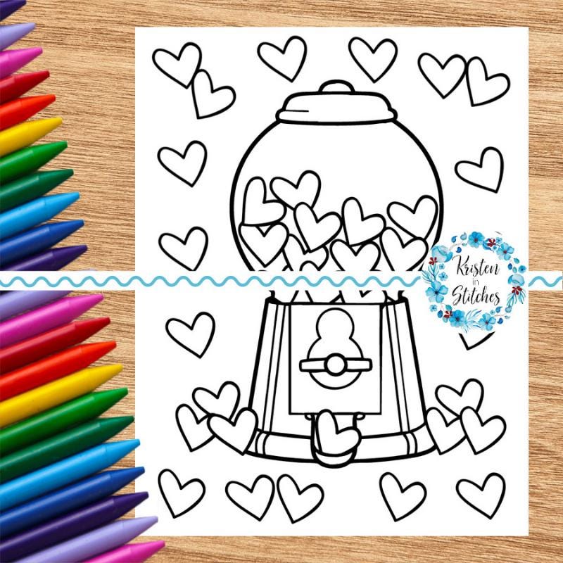 Valentine Gumball Machine Coloring Page, Printable 8.5x11 PDF PNG,…