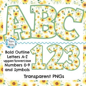 Könnte beinhalten: Digitales Alphabet- und Zahlen-Set mit Sonnenblumenmuster. Die Buchstaben A, B und C sowie die Zahlen 1, 2 und 3 werden angezeigt. Der Text lautet "Bold Outline Letters A-Z upper/lowercase Numbers 0-9 and Symbols Transparent PNGs."