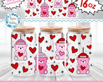 Envoltorio de osito de café helado de 16 oz, transparente imprimible en PNG, envoltura para vasos Libbey, vaso artesanal con impresión UV DTF, corazones rojos, tazas Barista