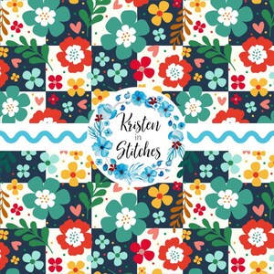 May include: A fabric pattern featuring a checkerboard of dark navy and white squares decorated with red, teal, and yellow flowers, green leaves, and small hearts. A central white circle contains a blue floral wreath and the text Kristen in Stitches.