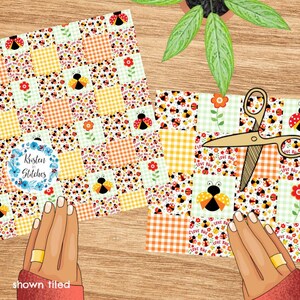 May include: Two patterned fabric squares with ladybug and floral designs, one being cut with gold scissors. The fabric features squares of gingham, ladybugs, flowers, and the text "LOVE BUG". A small plant is in the background.