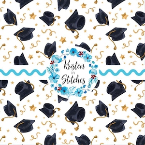 May include: A white background with a repeating pattern of black graduation caps, gold stars, and gold ribbons. A floral wreath with blue flowers and the text "Kristen in Stitches" is in the center.