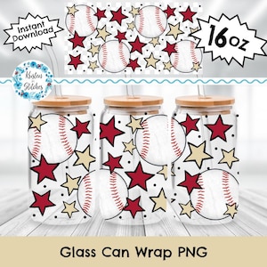 May include: Three clear glass can wraps with baseball and star designs. Each wrap features a baseball, red stars, and tan stars. The wraps have wooden lids and straws. The image also includes the text "16 oz" and "Glass Can Wrap PNG".