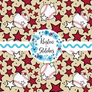 May include: A repeating pattern featuring baseballs, red and white stars on a tan background. The baseballs have red stitching and are paired with a white star. The design includes the text "Kristen in Stitches" in a floral wreath.