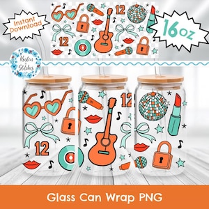 May include: Three glass can wraps with bamboo lids, each adorned with a repeating pattern of retro-themed illustrations. The designs include heart-shaped sunglasses, guitars, microphones, and disco balls. The text "Glass Can Wrap PNG" is visible.