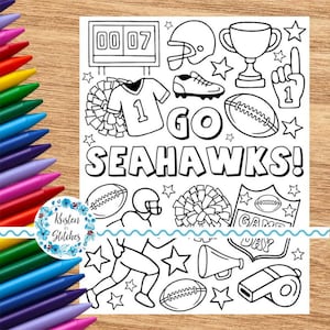 May include: Black and white line art illustration with football-themed elements. Includes a football jersey, helmet, football, trophy, and the words "GO SEAHAWKS!". Also features a scoreboard, pom-poms, and a running player.