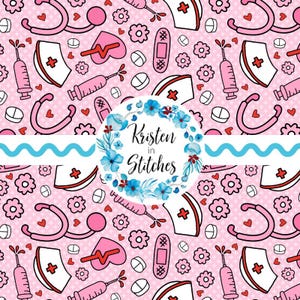 Love a Nurse Floral Seamless Pattern, Digital PNG File, DiY Printable Paper, Daisy Flowers, Hearts, Nursing Medical Supplies, RN LPN, Pink