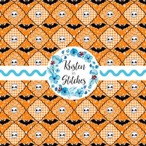 May include: A repeating pattern fabric featuring orange and white checkered quatrefoil shapes containing white skulls, interspersed with black bats and small white stars. A central circular white label displays the text Kristen in Stitches.