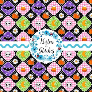May include: A repeating pattern fabric featuring black diamonds with white polka dots, alternating with pink gingham diamonds containing illustrations of pumpkins, skulls, bats, moons, candy corn, and flowers. A central white circle displays the text Kristen in Stitches surrounded by a blue floral wreath.