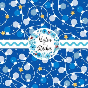 May include: A blue background with a pattern of white string lights, stars, and snowflakes. A circular floral design with the text "Kristen in Stitches" is in the center. A wavy blue and white stripe is across the image.