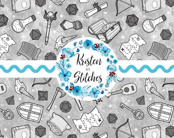 Fantasy Adventure Game Seamless Pattern, PNG Digital File, Printable Fabric/Paper Crafts, Polyhedral Dice, Treasure Chest Map, RPG DND Icons