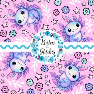 Axolotl galax sömlöst mönster, digital fil, omedelbar nedladdning, utskrivbart papper, dammliv, baby axolotlar, söt pastell kawaii blommig