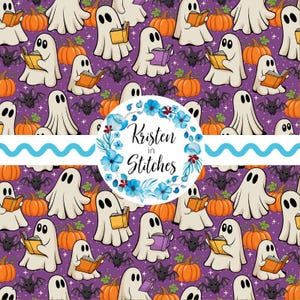 May include: A purple fabric pattern featuring white ghosts reading books, orange pumpkins, and small black bats. A central white circular label displays the text Kristen in Stitches surrounded by a wreath of blue and red floral illustrations.