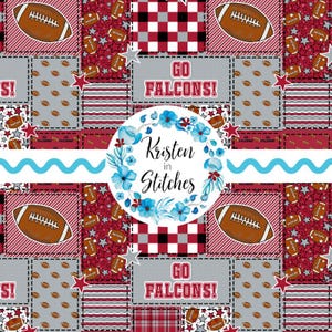 May include: A digital fabric pattern featuring a patchwork design of brown footballs, red and white buffalo plaid, grey stars, and stripes. The text GO FALCONS! appears in red block letters. A central white circle displays blue floral art.