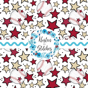 May include: A white background with a repeating pattern of baseballs, red and tan stars, and small black dots. A floral wreath with the text "Kristen in Stitches" is in the center. A light blue wavy line is also present.