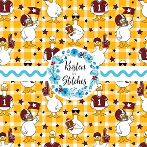 May include: A repeating pattern featuring cartoon ducks in football gear and sunglasses on a yellow plaid background with stars. Some ducks hold flags, footballs, or are giving a thumbs-up. The text "Kristen in Stitches" is in a floral wreath.