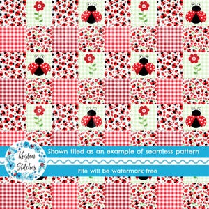 May include: A seamless pattern featuring a patchwork design with red gingham, ladybugs, and red flowers on a light green background. The ladybugs have red wings with black spots. The text "Love Bug" is repeated throughout the design.