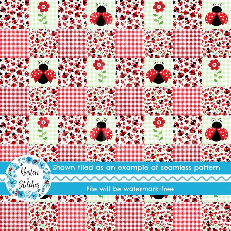 May include: A seamless pattern featuring a patchwork design with red gingham, ladybugs, and red flowers on a light green background. The ladybugs have red wings with black spots. The text "Love Bug" is repeated throughout the design.