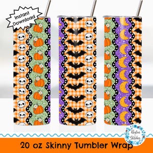 May include: Three 20 oz skinny tumbler wraps with Halloween-themed designs. The designs include pumpkins, bats, skulls, and moons. The wraps feature orange, purple, green, and white colors. The text "Instant Download" and "20 oz Skinny Tumbler Wrap" are visible.