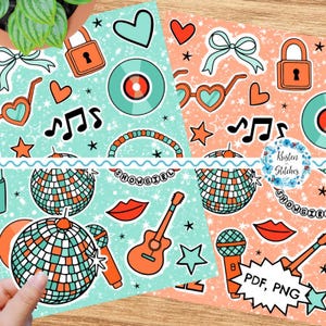 Könnte beinhalten: Zwei Blätter gemustertes Papier mit Retro-Thema. Ein Blatt ist hellblau, das andere pfirsichfarben. Beide zeigen sich wiederholende Illustrationen von Herzen, Noten, Discokugeln, Gitarren und anderen musikalischen Elementen. Der Text "SHOWGIRL" und "PDF, PNG" ist ebenfalls sichtbar.