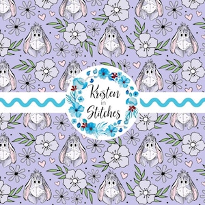 May include: A repeating pattern featuring Eeyore from Winnie the Pooh, flowers, and hearts on a lavender background. A circular design with the text "Kristen in Stitches" is in the center, surrounded by blue flowers. A light blue wavy line is also present.