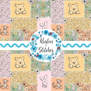 Classic Winnie the Pooh Storybook Friends Nursery Patchwork Floral Seamless Pattern, Digital File, DIY Printable Paper, 100 Acre Wood