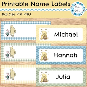 May include: Printable name labels with Winnie the Pooh and Piglet illustrations. The labels are in various colors and patterns, including gingham and honeycomb designs. Each label has a name, such as Michael, Hannah, and Julia.