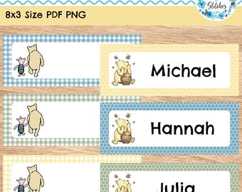 Klassieke Winnie de Poeh en Knorretje afdrukbare studentennaamkaartjes, Cubby Labels, digitale Instant Download, DIY printen en knippen, 8,5 x 11, pdf, png