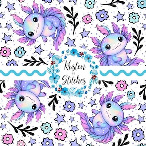 May include: A repeating pattern featuring cartoon axolotls in shades of blue, purple, and pink, with stars and flowers on a white background. The text "Kristen in Stitches" is in a floral wreath.