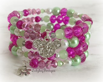 Pink and Green Disney Wrap Bracelet M2M Peony Floral Minnie Mouse Ears Rhinestone Mickey Flower Charm Infinity Memory Wire Easter Spring