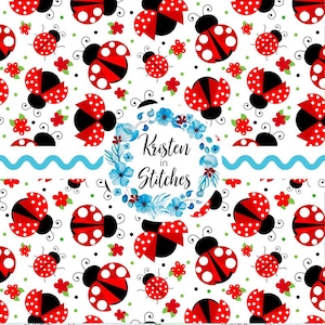 May include: A white background with a repeating pattern of red ladybugs with black spots and black bodies. Small red flowers and green dots are scattered throughout the design. The text "Kristen in Stitches" is in a blue floral wreath.