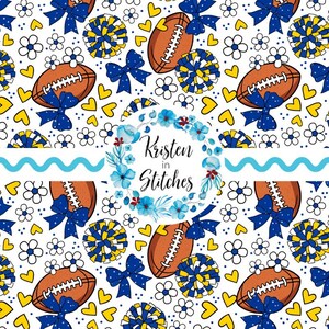 May include: A repeating pattern on a white background featuring brown American footballs, blue bows, yellow hearts, blue and yellow pom-poms, and white flowers. The text "Kristen in Stitches" is in a floral wreath.
