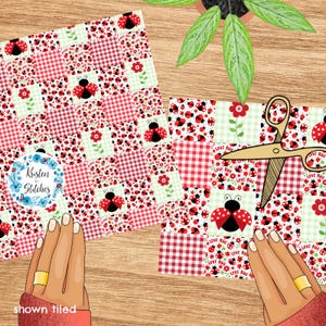 May include: Two square fabric pieces with a patchwork design featuring ladybugs, red gingham, and floral patterns. A pair of gold scissors and a potted plant are also visible. The text "LOVE BUG" is printed on the fabric.